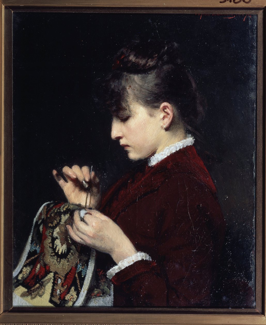 Broderinnen. Ung jente i profil, ansiktet hennes seriøst, konsentrert om oppgaven, hendene som holder arbeidet hennes og en nål. Maleri av Yuri Jacovlevich Lehman (Youri Leman) (1834-1901), olje på lerret av Yury Jacovlevich Lehman