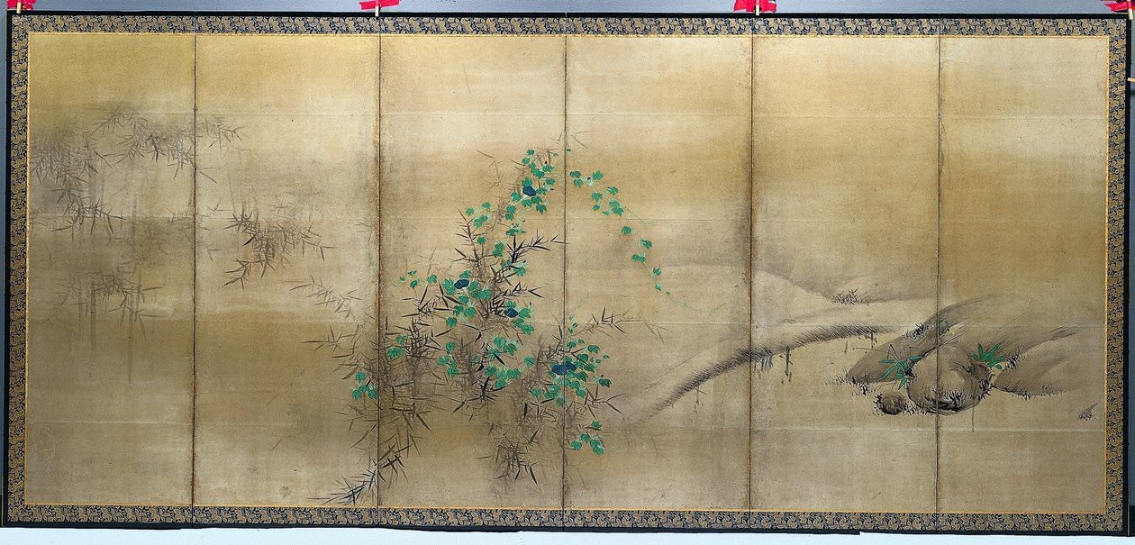 Vinter- og sommerblomster, en av et par sammenleggbare skjermer med seks paneler, ca. 1600 (blekk, farge og gull på papir) av Yusho Kaiho