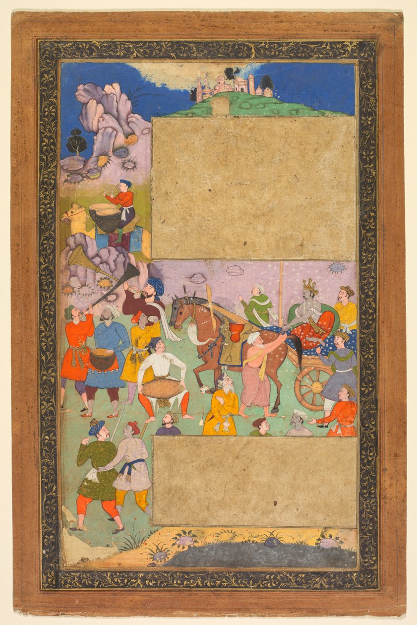 En vognmann som kjører gjennom et steinete landskap med et følge av fotfolk og musikere..., 1616-16 av Yusuf Ali