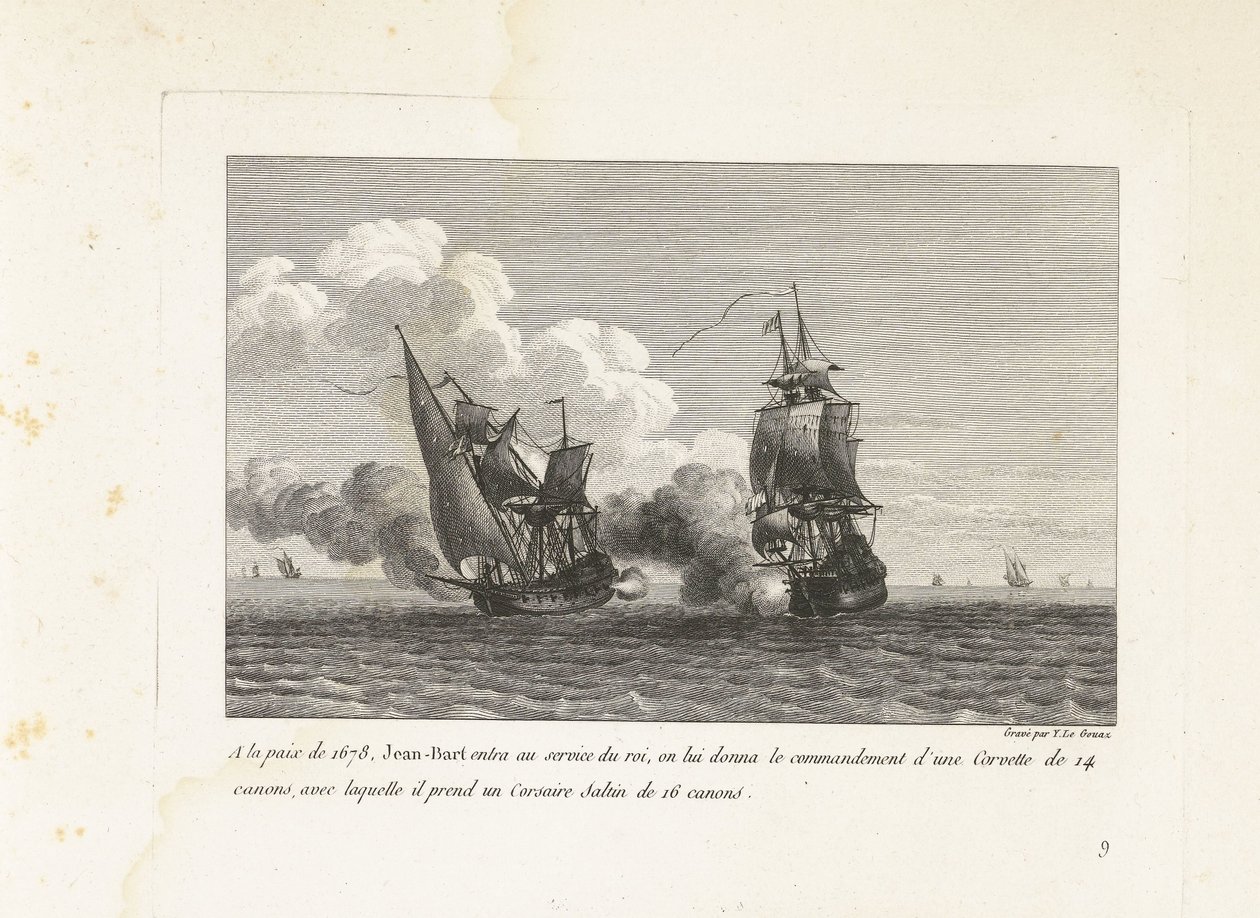 Jan Bart in dienst van de koning van Frankrijk, 1678 Ved freden i 1678 gikk Jean-Bart inn i kongens tjeneste, han fikk kommandoen over en 14-kanons Corvette, som han tok en 16-kanons Corsair Saltin med (tittel på objekt) Samling av kammer av Yves Marie Le Gouaz