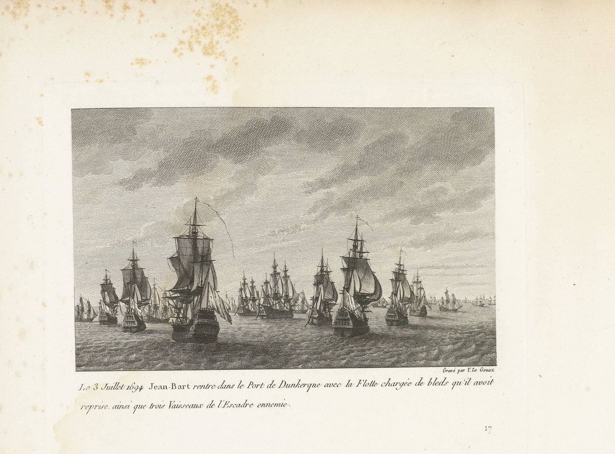 Jan Bart vaart Duinkerke binnen met de heroverde graanschepen, 1694 Den 3. juli 1694 returnerer Jean-Bart til havnen i Dunkerque med flåten lastet med bleds som han hadde overtatt, samt tre fartøyer fra fiendens skvadron (tittel på objekt) Samling av Yves Marie Le Gouaz