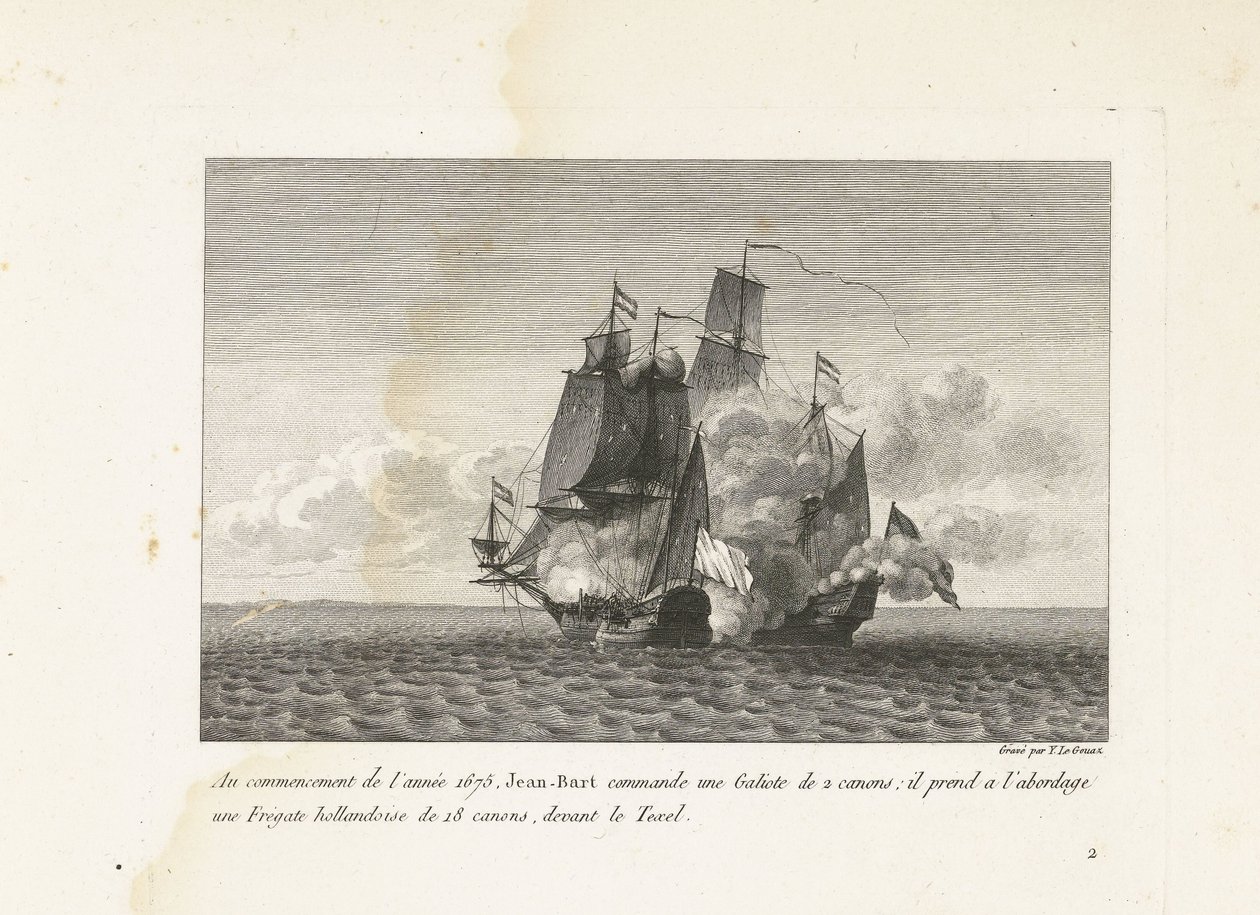 Jan Bart verovert een Hollands fregat ved Texel, 1675 På begynnelsen av året 1675 kommanderer Jean-Bart en Galiote på 2 kanoner: han gikk om bord i en nederlandsk fregatt på 18 kanoner, foran Texel (tittel på objekt) Samling av kampene til Jean-B av Yves Marie Le Gouaz