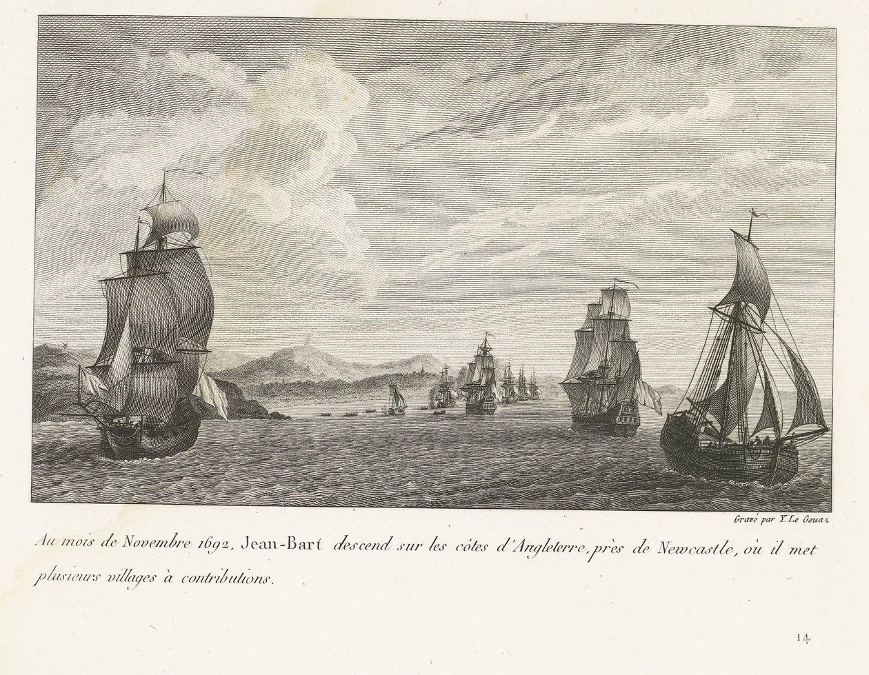 Jan Bart for de Engelse kysten ved Newcastle, 1692 I november 1692 drar Jean-Bart ned på kysten av England, nær Newcastle, hvor han legger flere landsbyer til bidrag (tittel på objekt) Samling av kampene til Jean-Bart, fløysjef så av Yves Marie Le Gouaz