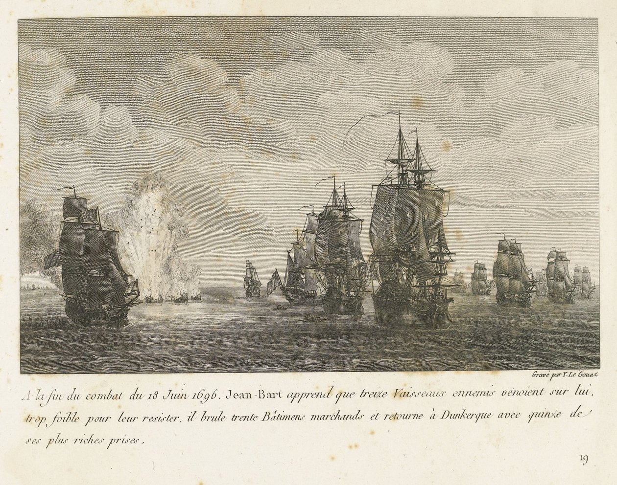 Treffen mellom en vloot under Jan Bart en een Hollandse vloot, 1696 På slutten av kampen 18. juni 1696 får Jean-Bart vite at tretten fiendtlige fartøyer (...) og vender tilbake til Dunkerque med femten av sine rikeste premier (tittel) på objekt) Kompendium av Yves Marie Le Gouaz
