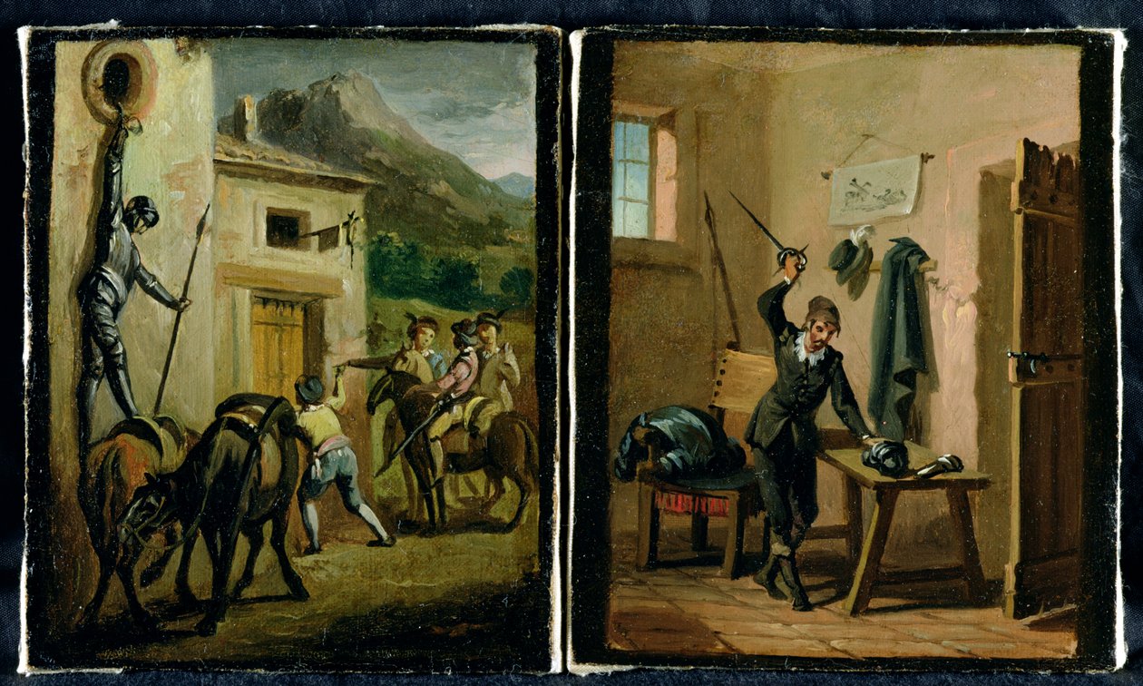 Don Quijote henger fra vinduet og forbereder rustningen sin, to scener fra romanen til Cervantes av Zacarias Gonzalez Velazquez