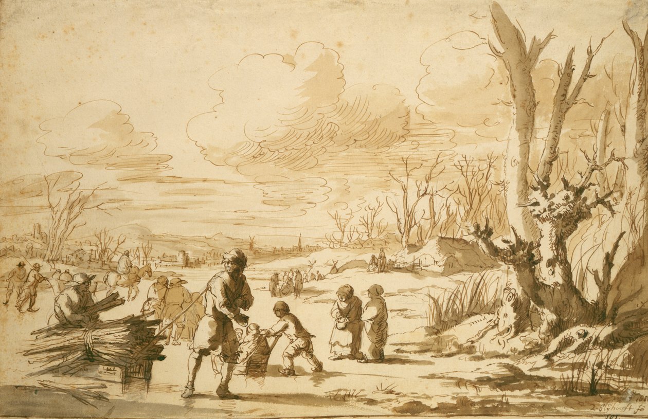 Enjoying the Ice, 1680 (penn og blyant på papir) av Zacharias Blyhooft