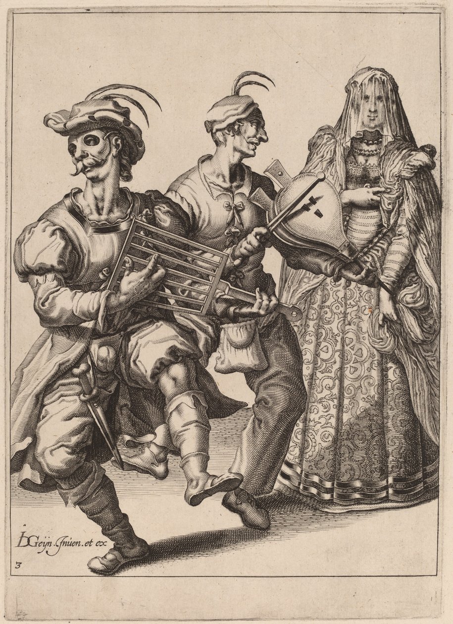 En tilslørt kvinne med to musikere som spiller et rutenett og en belg av Zacharias Dolendo after Jacques de Gheyn II