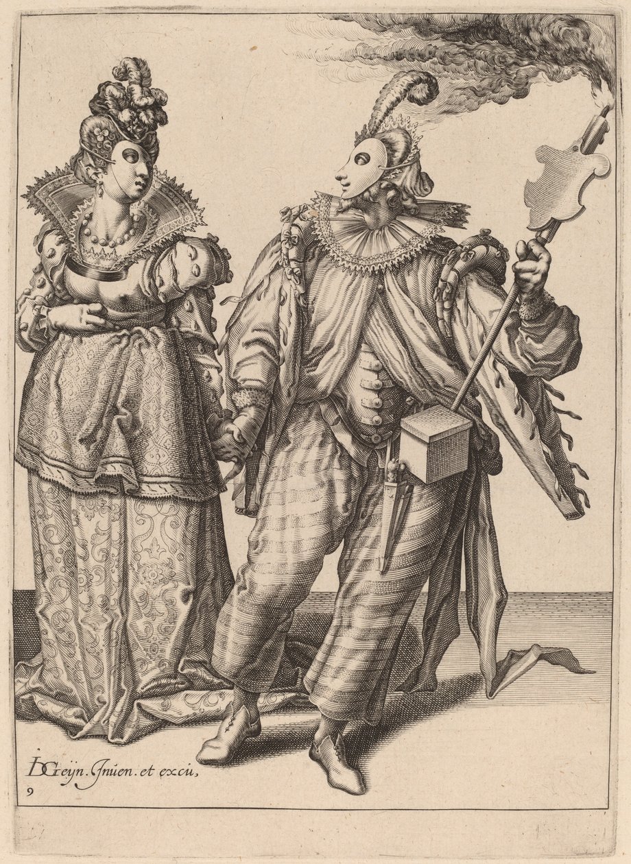 En kvinne ledet av en spiller som holder en fakkel av Zacharias Dolendo after Jacques de Gheyn II