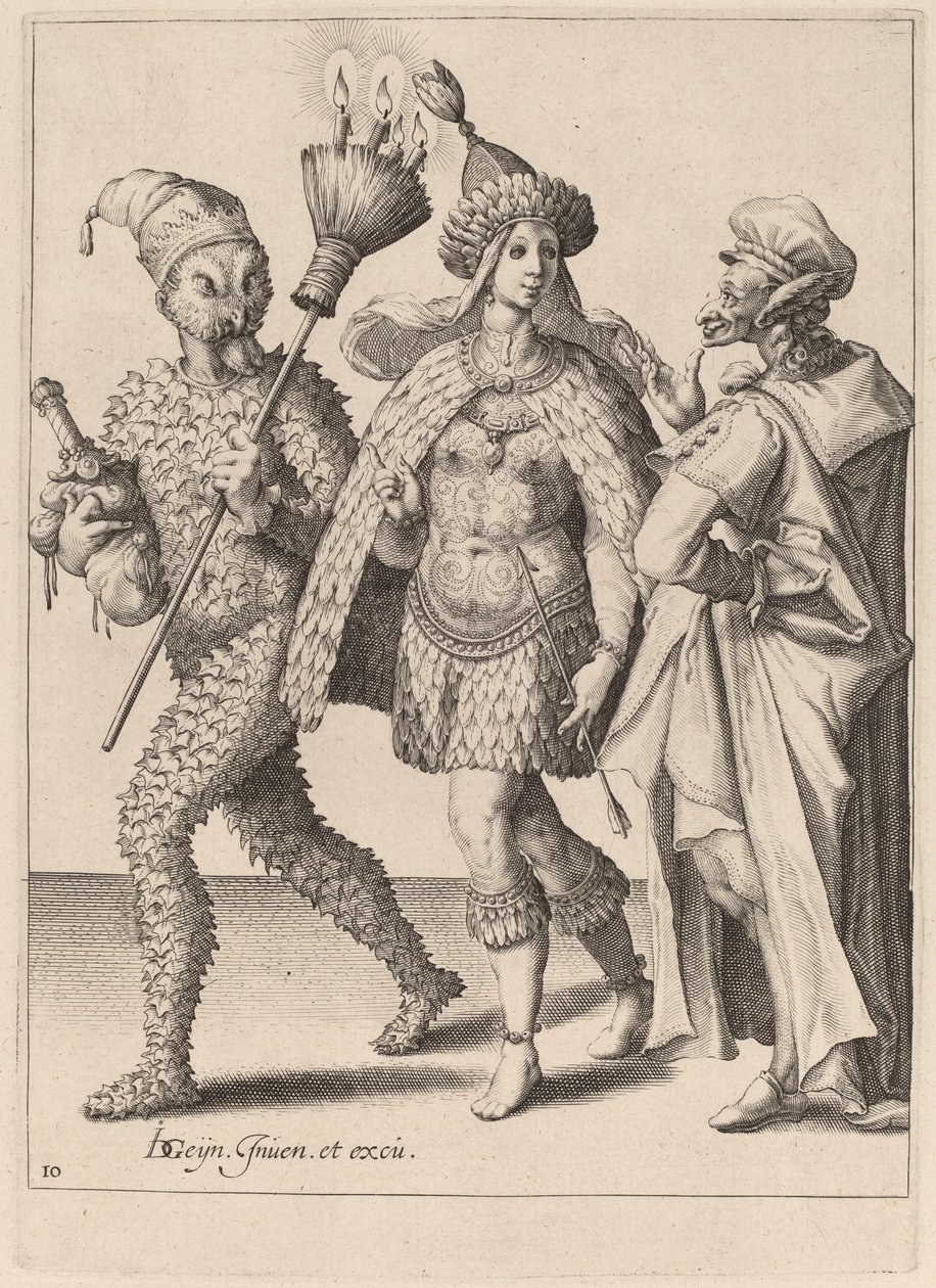 En gammel morder henvender seg til et par kledd i fjær av Zacharias Dolendo after Jacques de Gheyn II