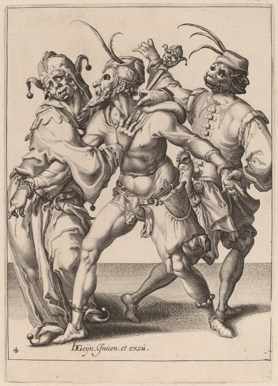 Tre dansende mummere, inkludert en narr av Zacharias Dolendo after Jacques de Gheyn II
