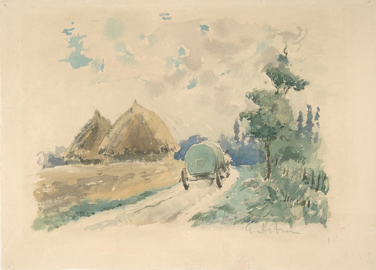 Landskap med vogn og høystakker, ca. 1869-70. av Zacharie Astruc