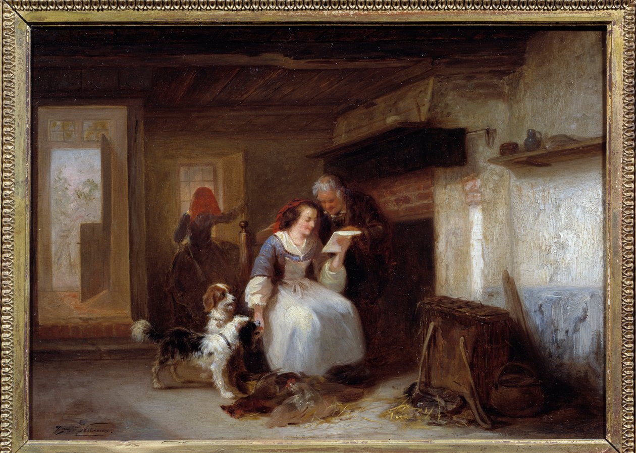 Brevet. Ung kvinne som leser et brev i et bondeinteriør. Maleri av Zacharie Natermann av Zacharie Natermann