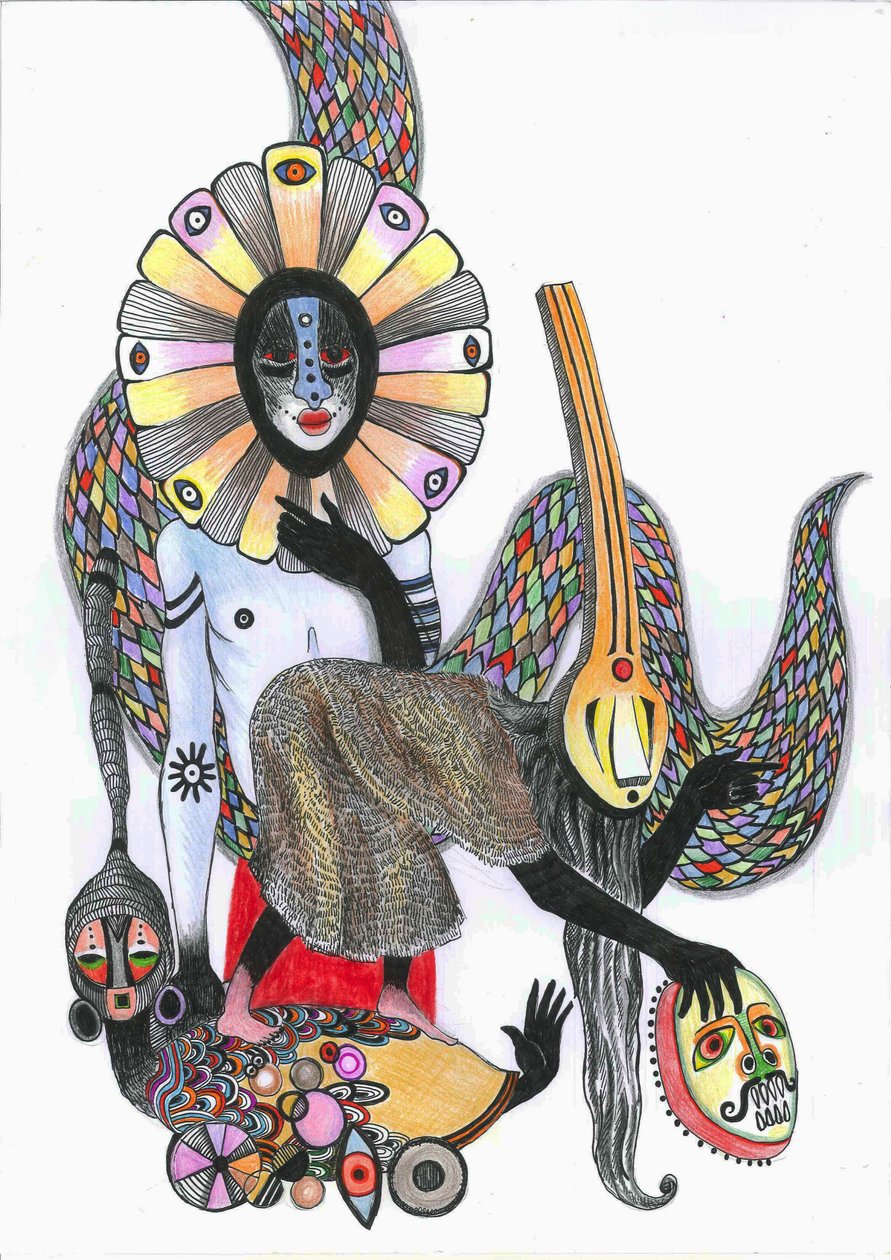 Dance of the Masks, 2012 (penn, blekk og fargeblyanter på papir) av Zanara Sabina Nedelcheva Williams