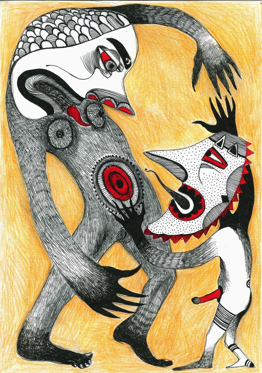 Fight, 2012 (penn, blekk og fargeblyanter på papir) av Zanara Sabina Nedelcheva Williams