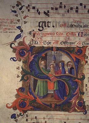 Missal 515 f.28v Historikert initial S som viser presentasjonen i tempelet, 1448-49 av Zanobi di Benedetto Strozzi