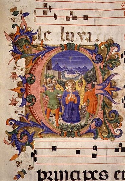 Missal 515 f.5r The Martyrdom of St. Stephen avbildet i en historisk initial, grensen opplyst av Filippo di Mateo Torelli (1409-68) fra en korbok henrettet før 1449 (vellum) av Zanobi di Benedetto Strozzi