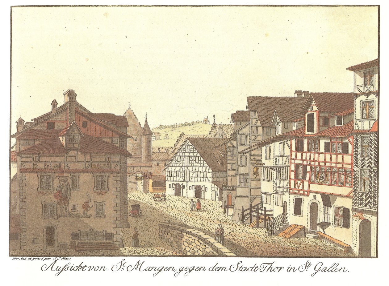 Utsikt fra St. Mangen mot byporten i St. Gallen (original tittel) av Zeichner und Kupferstecher