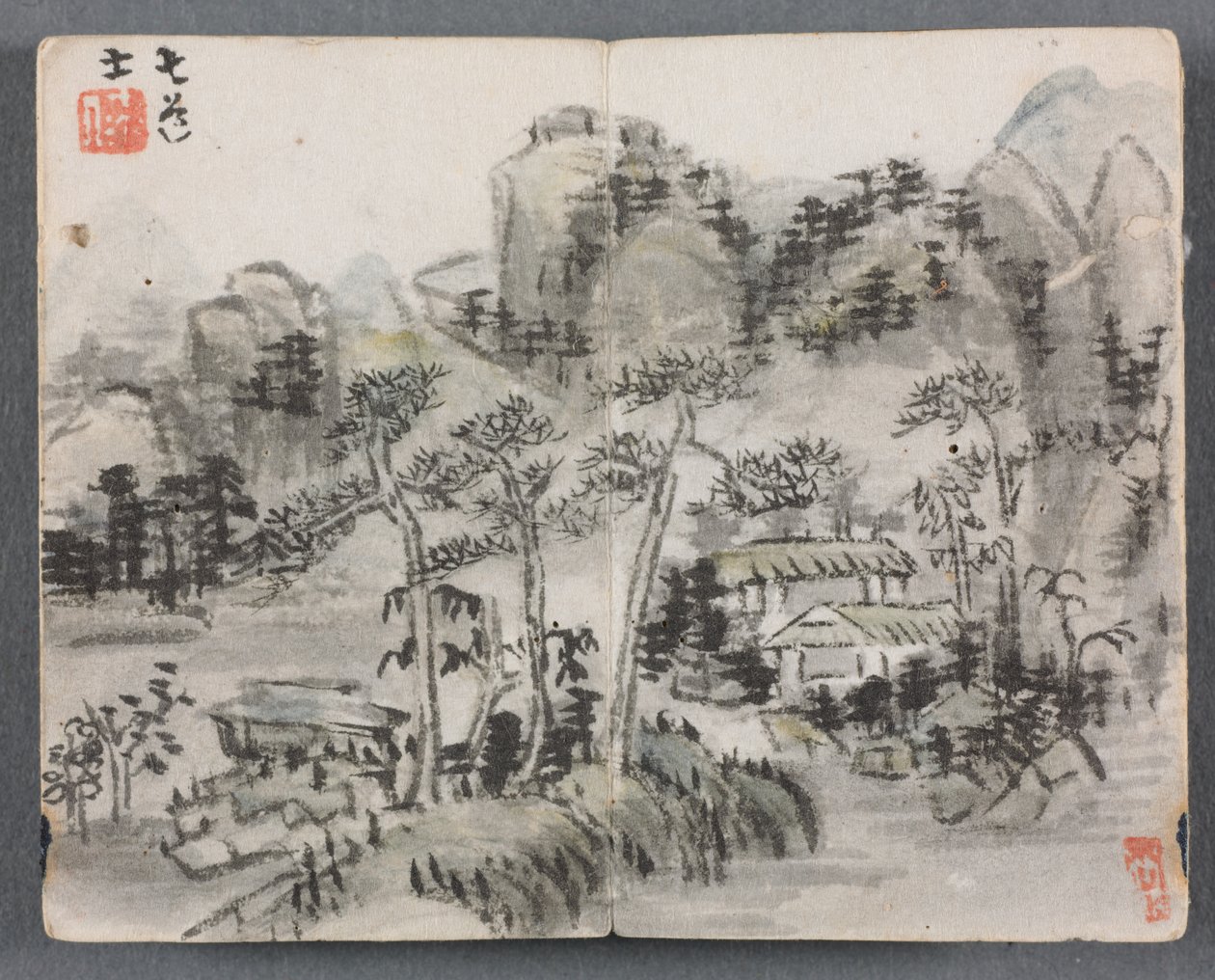 Miniatyralbum med figurer og landskap (Landskap med to bygninger) av Zeng Yandong