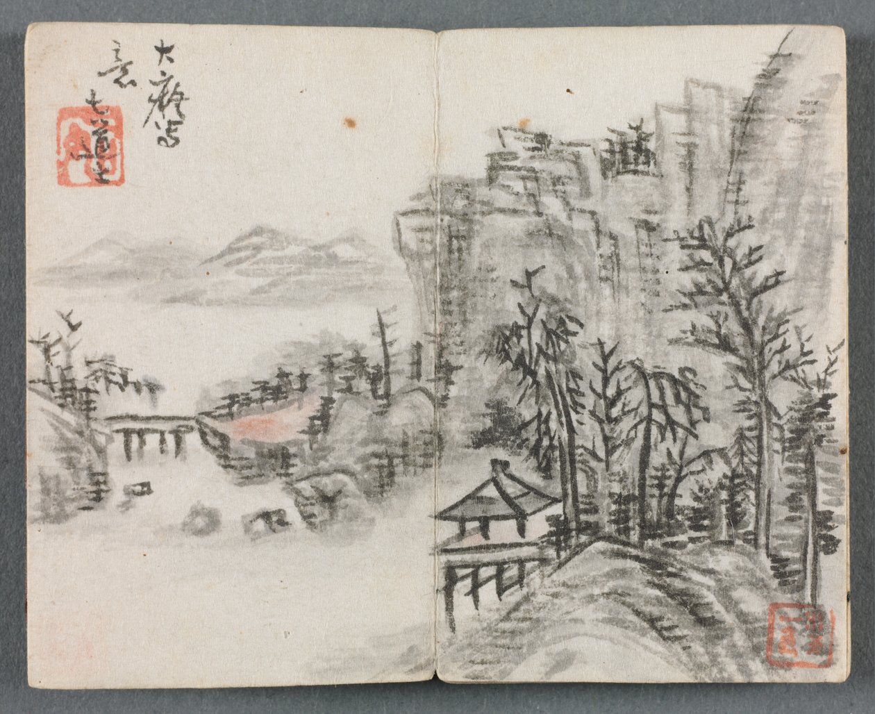 Miniatyralbum med figurer og landskap klippelandskap med bro, 1822. av Zeng Yangdong