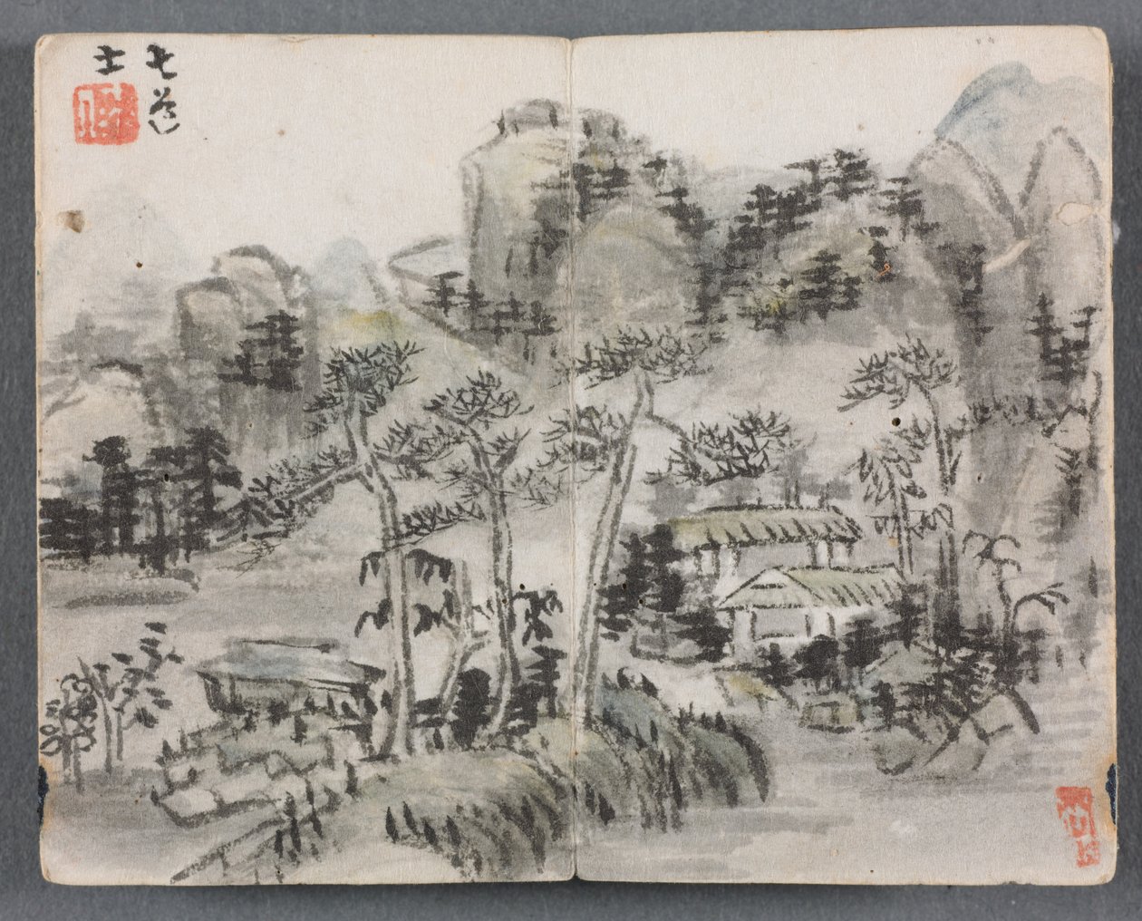 Miniatyralbum med figurer og landskapslandskap med to bygninger, 1822. av Zeng Yangdong