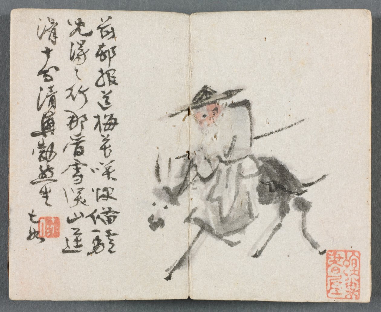 Miniatyralbum med figurer og landskap Gammel mann på esel, 1822. av Zeng Yangdong