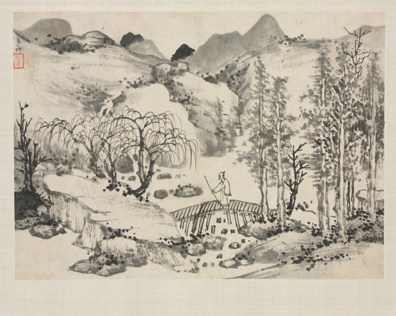 Landscape Album in Various Styles: Landscape with Artist on a Bridge, 1684. av Zha Shibiao