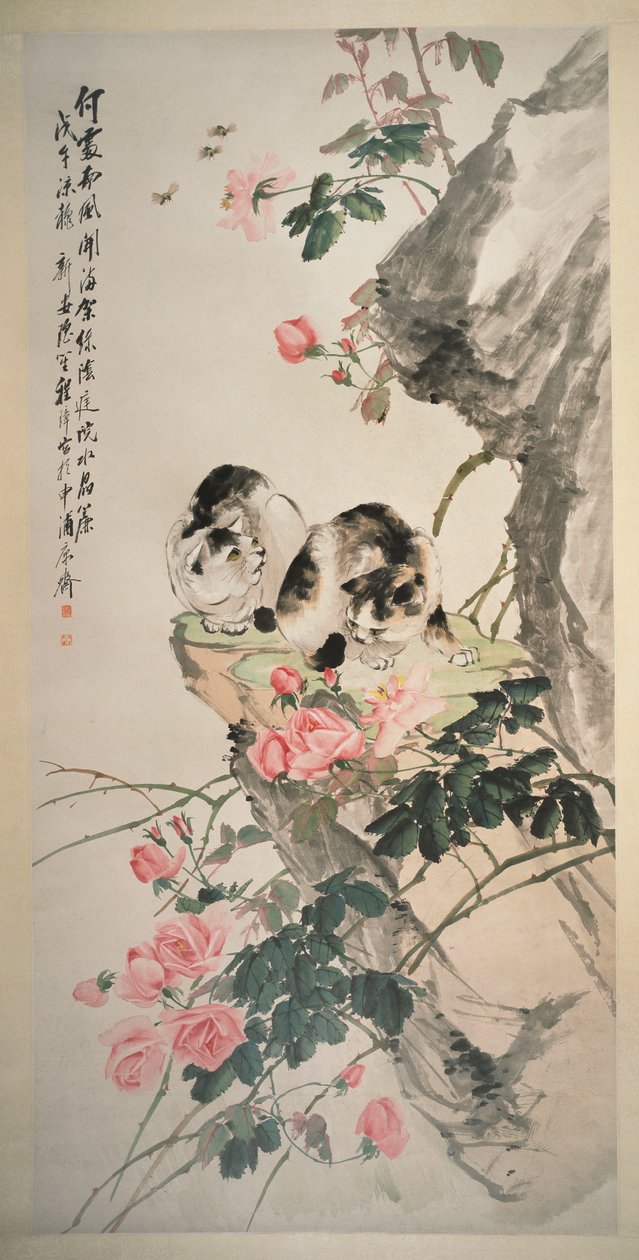 Katter på en stein med roser av Zhang Cheng