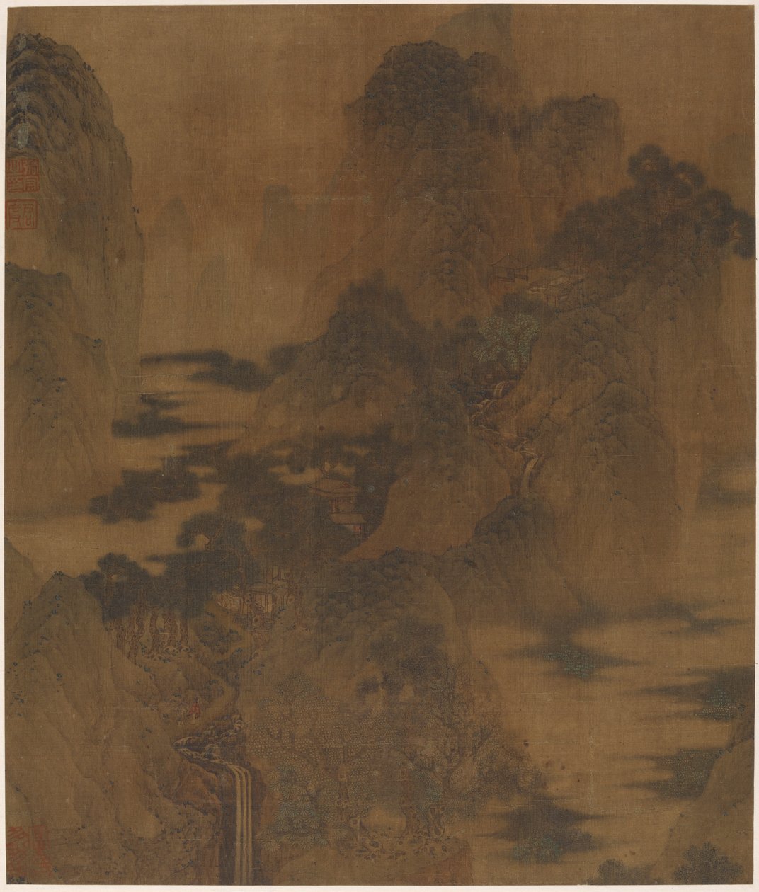 Landskap: fjellkløft, tåke, en bekk og bygninger, Ming-dynastiet, 1600-tallet. av Zhang Hong