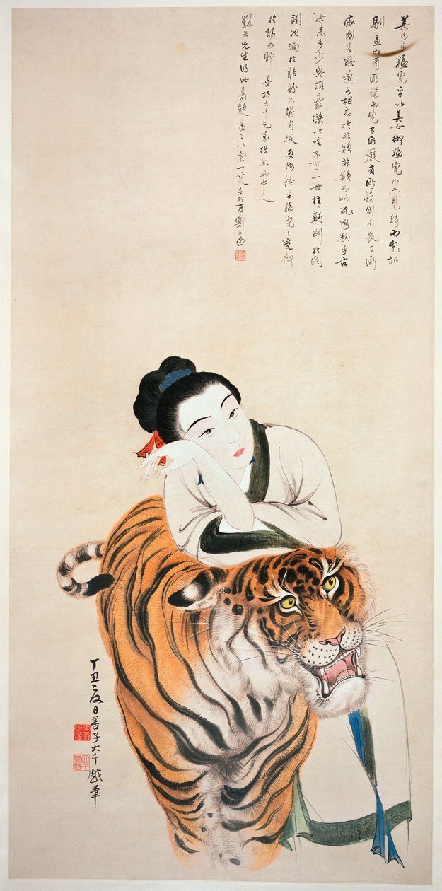 Dame lener seg på en tiger av Shanzi and Daqian Zhang 