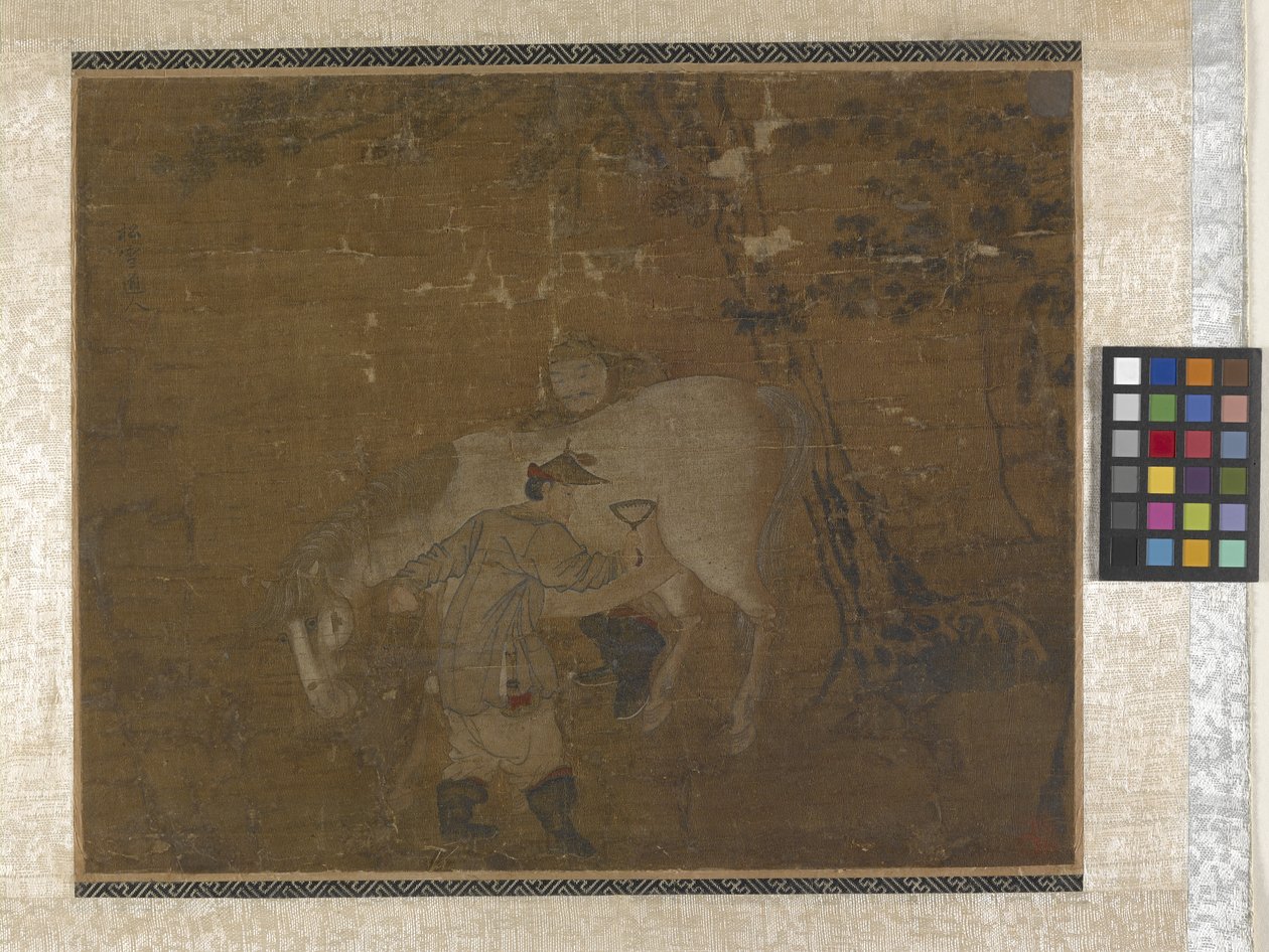 Grooms Combing White Horse (farger på silke) av Zhao Mengfu Chao Meng Fu or