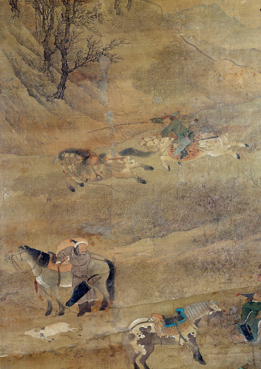 Mongolsk rytter som jager en hest. Detalj. Silkemaleri av Fou Tchao Mong av Zhao Mengfu Chao Meng Fu or