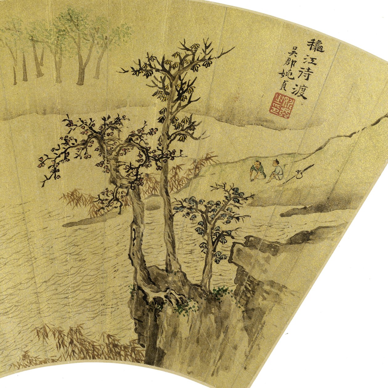 Detalj av landskap med menn og esel som blir ferget over en elv blekk og farger på gullpapir av Zhen Yao