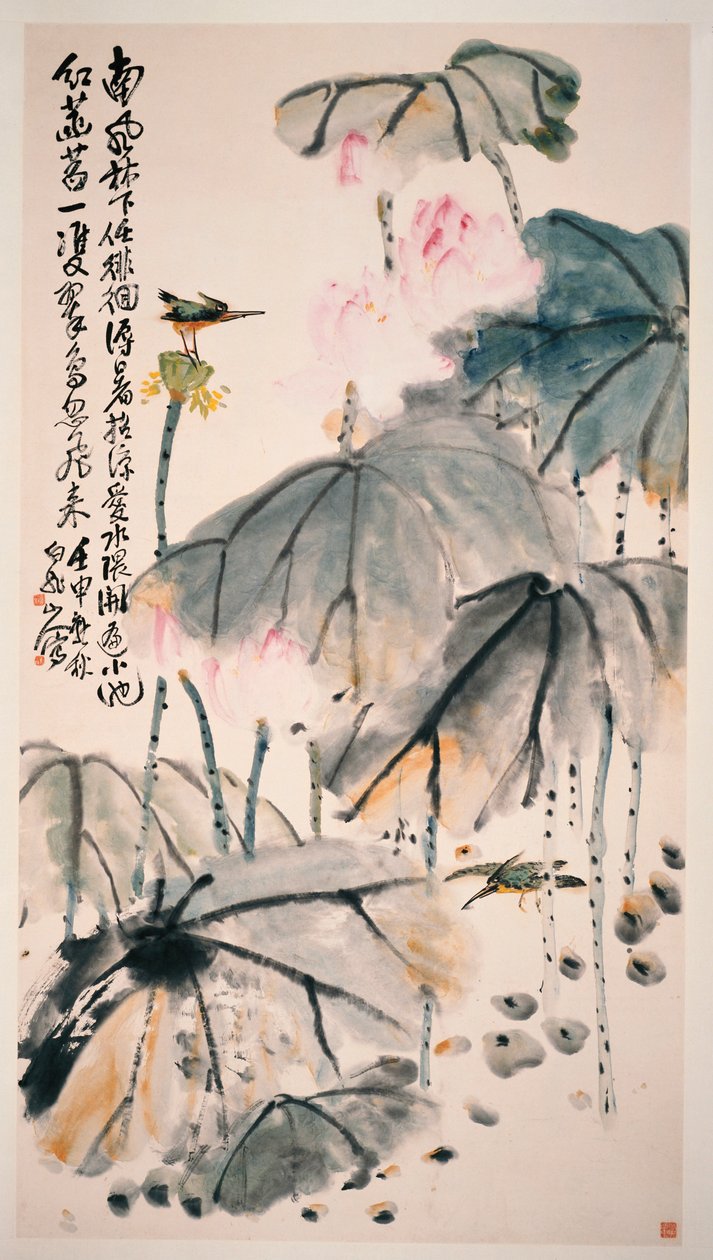 Lotus og grønne fugler av Zhen Wang