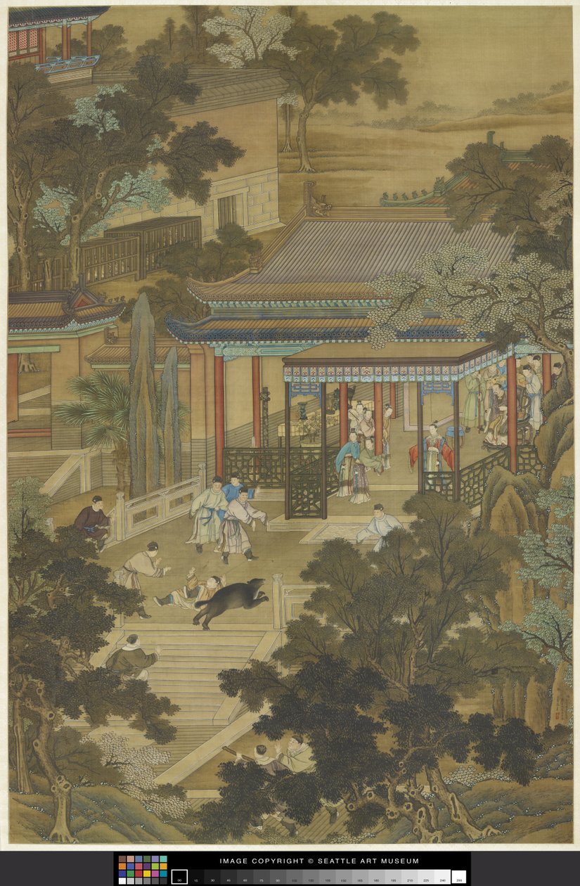 Jieyu forsvarer keiseren fra en bjørn, ca. 1740 (blekk og farge på papir) av Zhidao Cheng