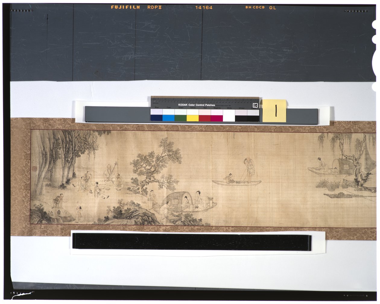 Life of Fishermen Along the River, 1700-tallet (blekk og farge på silke, handscroll) av Zhou Shanguan