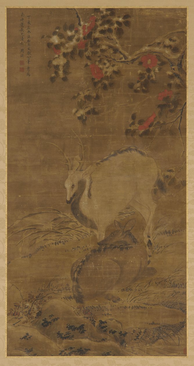 En hjort, en doe og røde kameliaer i snø, 1367. av Zhou Yuan