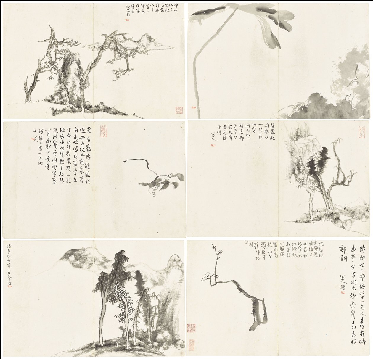 Landskap og blomster, album med seks blader av Zhu da Bada Shanren