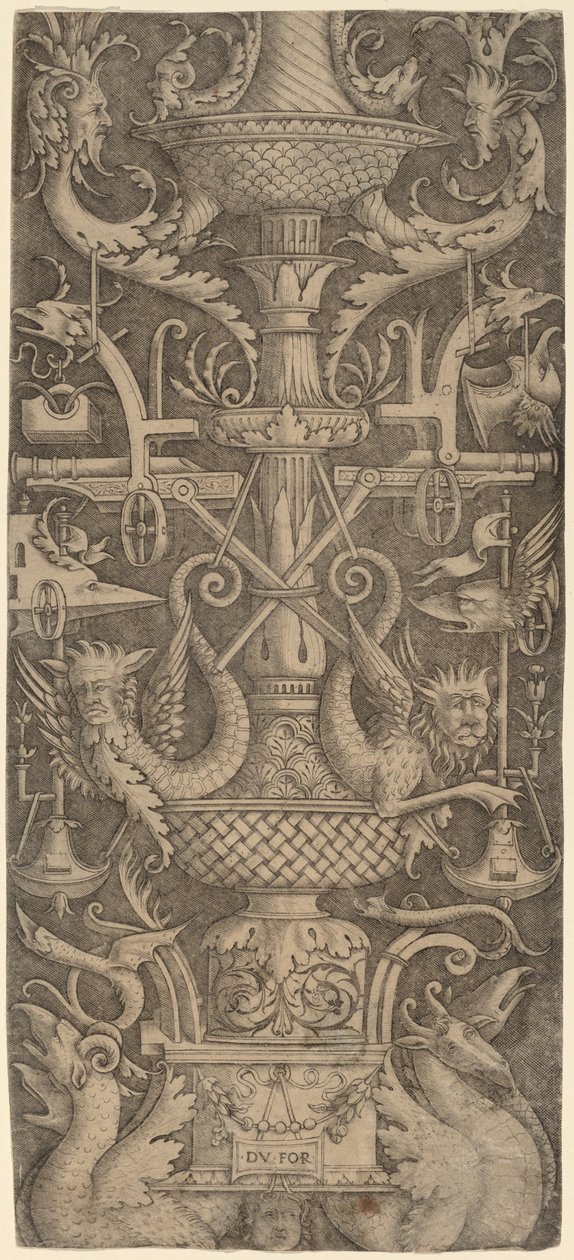Ornamentpanel med drager, masker og krigsinstrumenter av Zoan Andrea