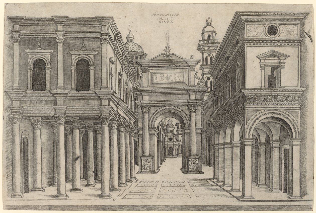 En gate med forskjellige bygninger, søyleganger og en bue av Zoan Andrea after Donato Bramante