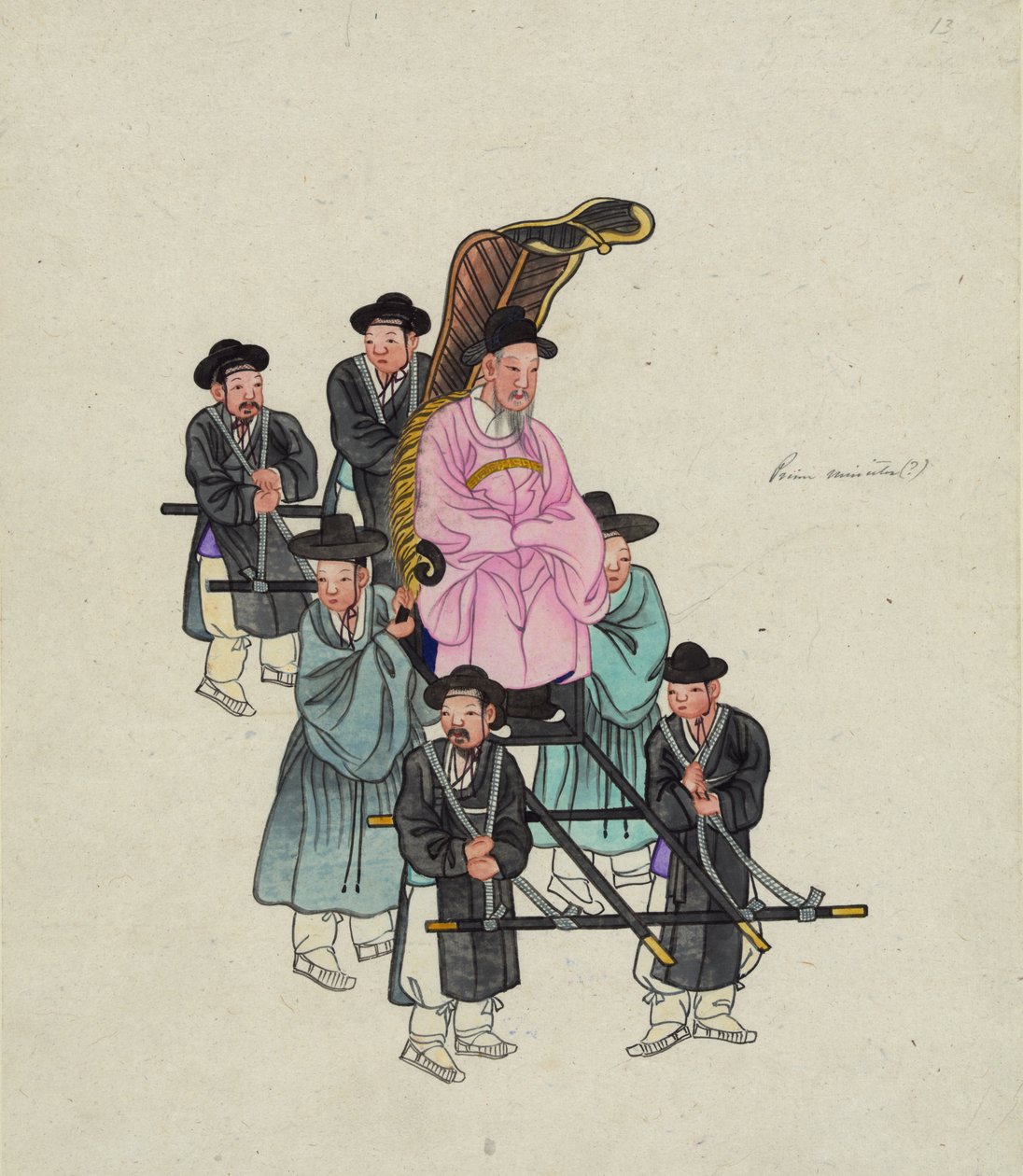 En høytstående koreansk tjenestemann, muligens statsministeren, båret i en forseggjort Sedan-stol, ca. 1890 (akvarell) av . .