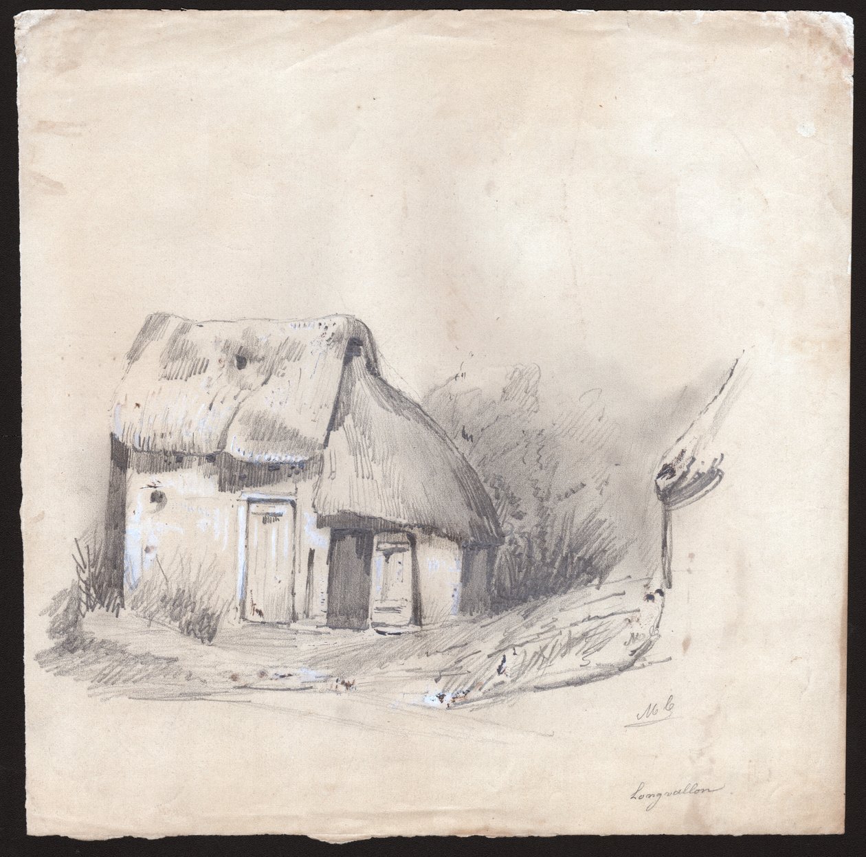 En hytte med stråtak i sentrum av Frankrike. ca. 1830 (illustrasjon) av . .