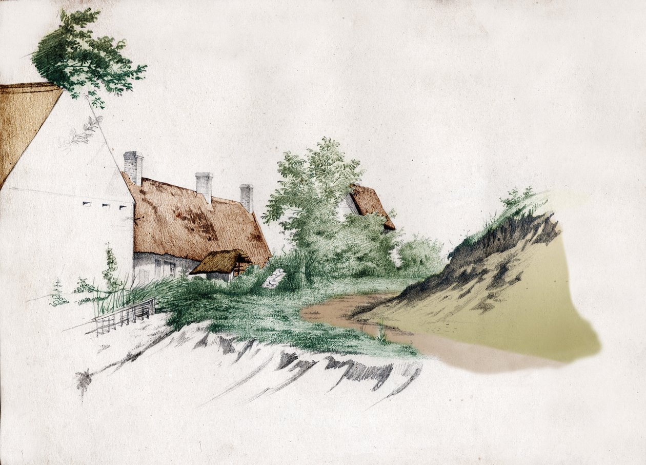 Et gårdshus med stråtak i det sentrale Frankrike. ca 1850 (tegning) av . .