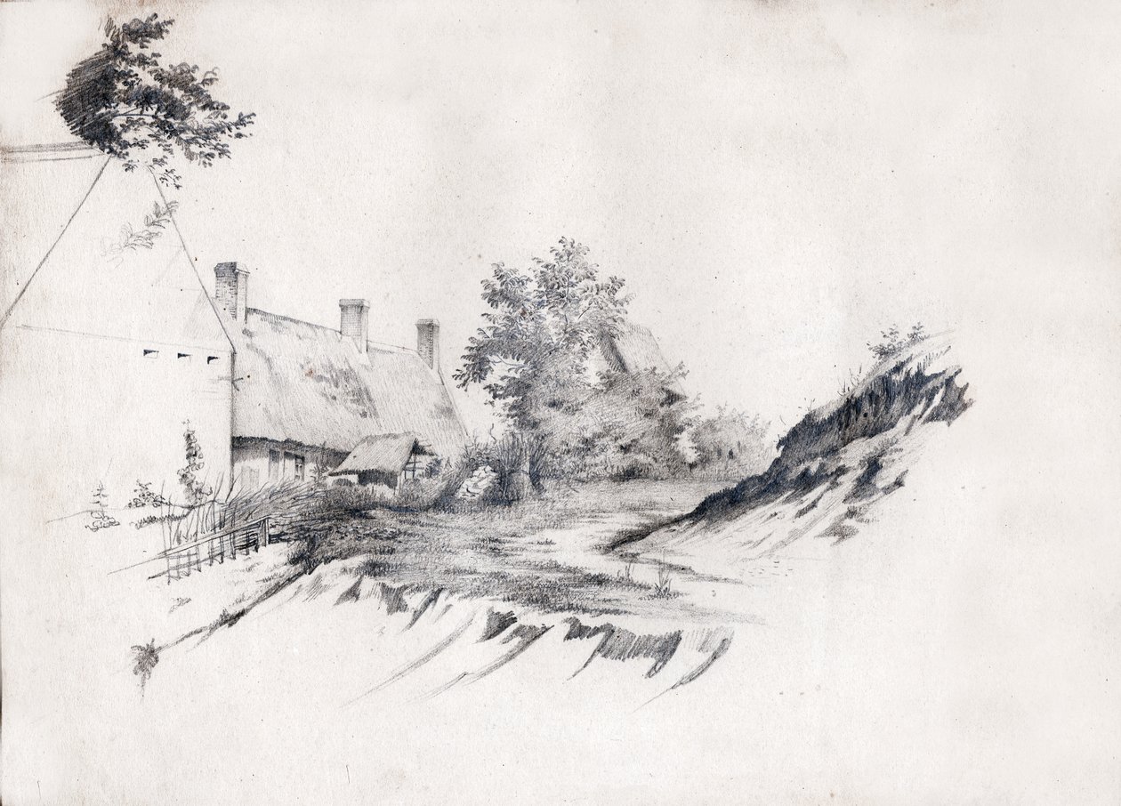Et gårdshus med stråtak i det sentrale Frankrike. ca 1850 (tegning) av . .