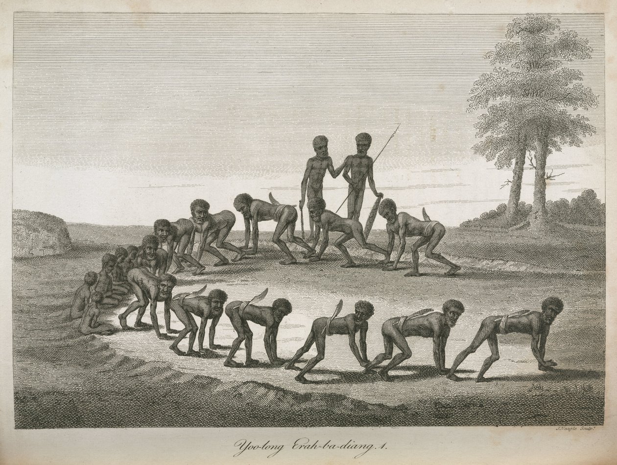 Aboriginal menn som imiterer hunder, Australia av Frederick (attr. to) Barnard