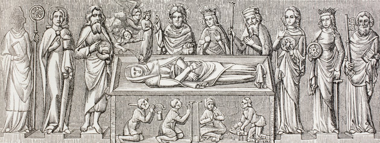 Etter basrelieffet på graven til prinsesse Elisabeth av Ungarn (1207 - 1231) publiserte en katolsk helgen, fra 'Militært og religiøst liv i middelalderen' av Paul Lacroix London ca. 1880 av Ferdinand Georg Waldmuller