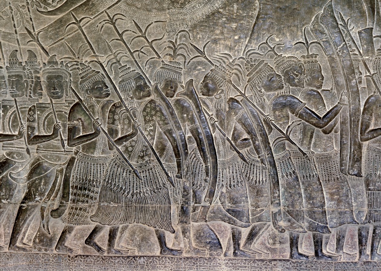 Angkor Wat, Angkor, Kambodsja Tidlig 1100-tall med senere tillegg. Denne detaljen av relieffene i galleriet viser THAI-folket som marsjerer som allierte av Khmer-hæren av Hippolyte Lalaise Devéria