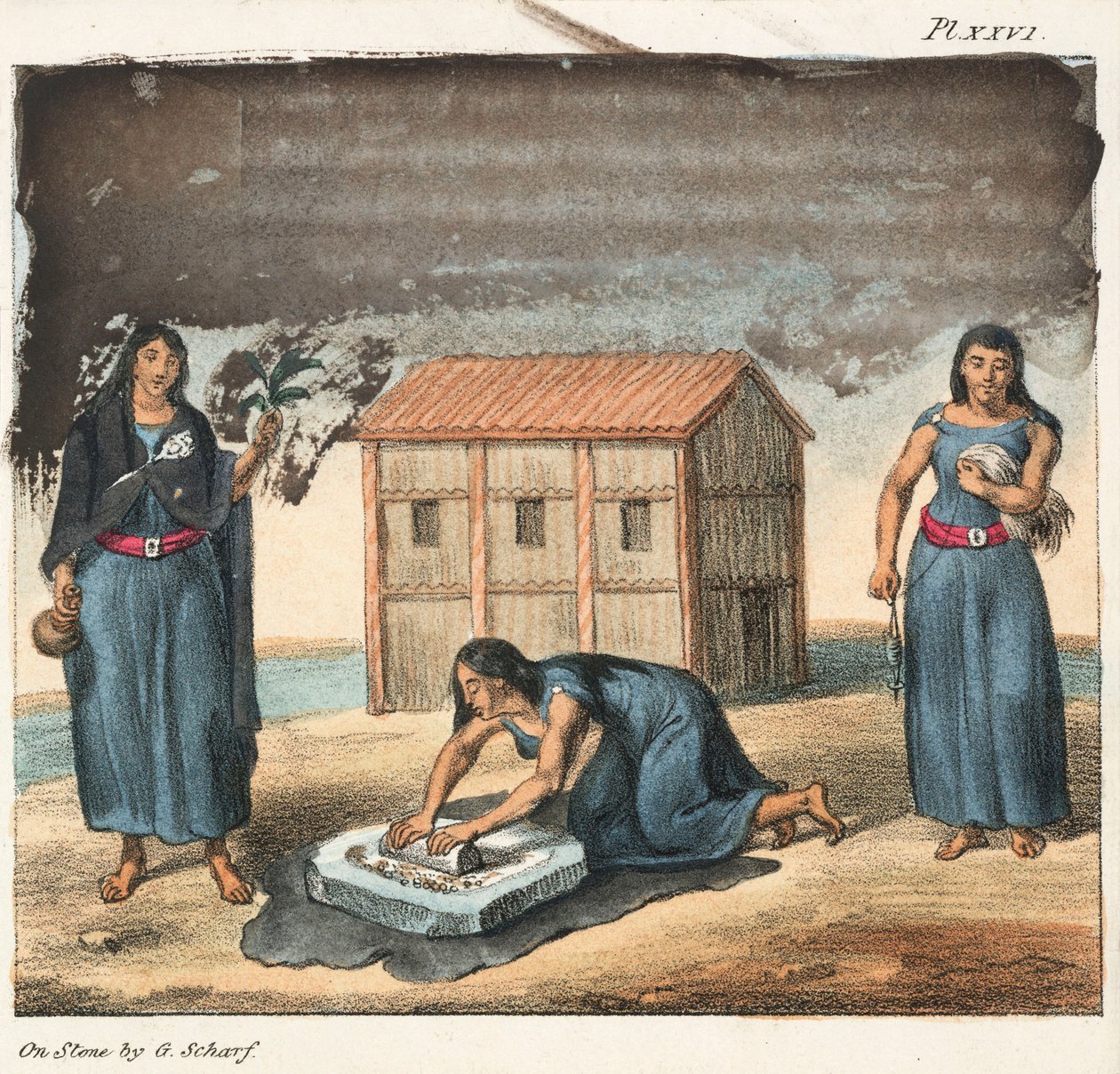Araucano indiske kvinner maler mais og spinner, Chile av Frederick (attr. to) Barnard
