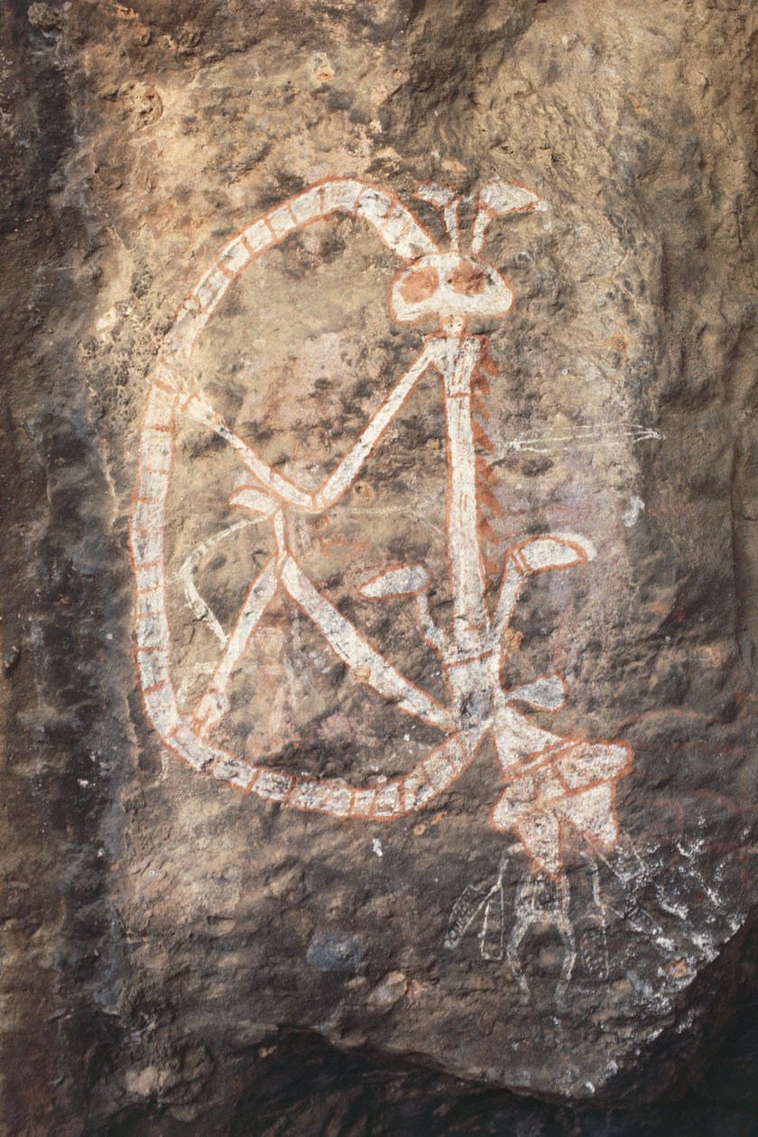 Australia, Northern Territory, Arnhem Land, Kakadu National Park, Nourlangie Rock, Aboriginal bergmalerier av Isabel Redie
