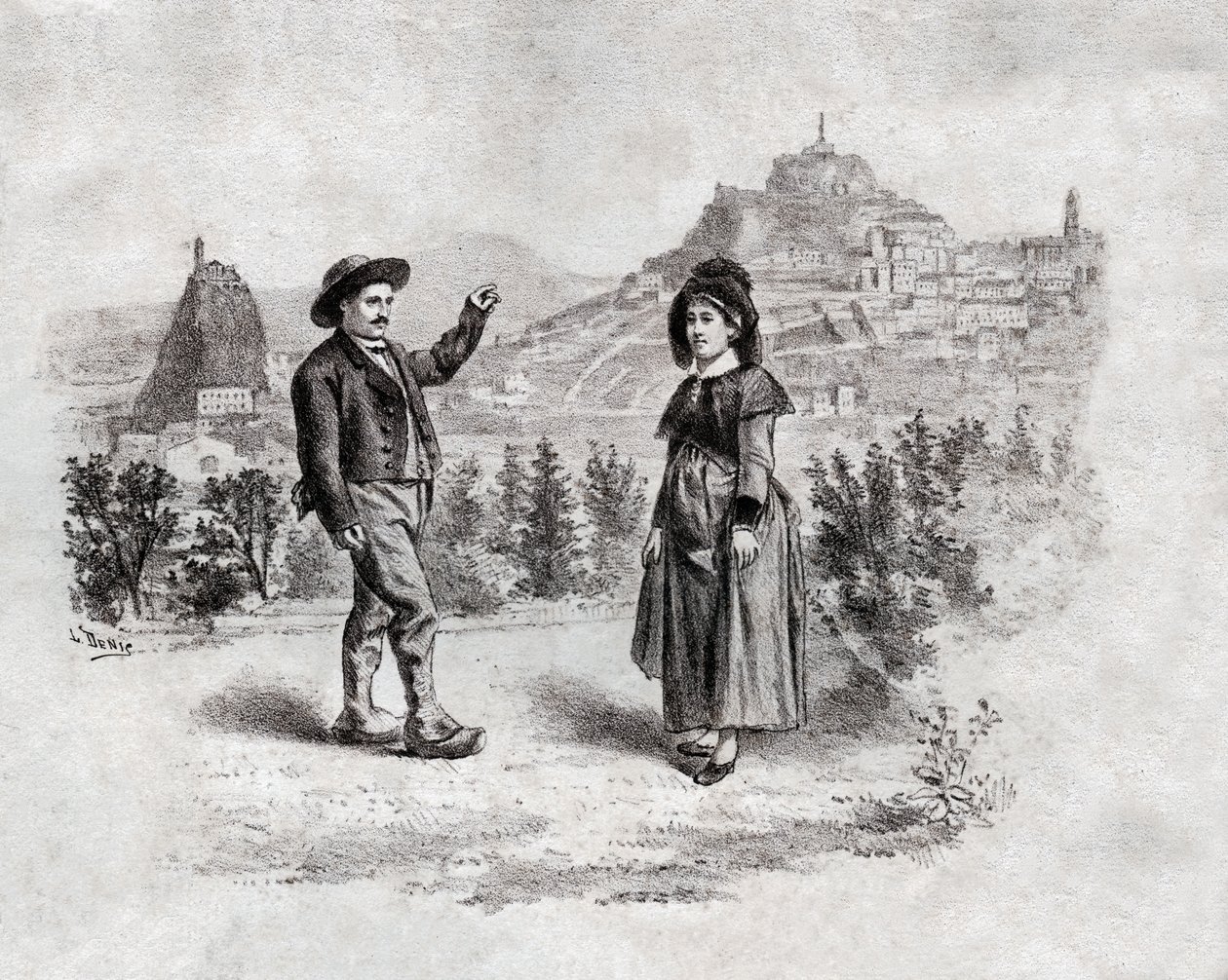 Auvergnats danser fyllingen på Puy en Velay, Frankrike. rundt 1900 (gravering) av . .