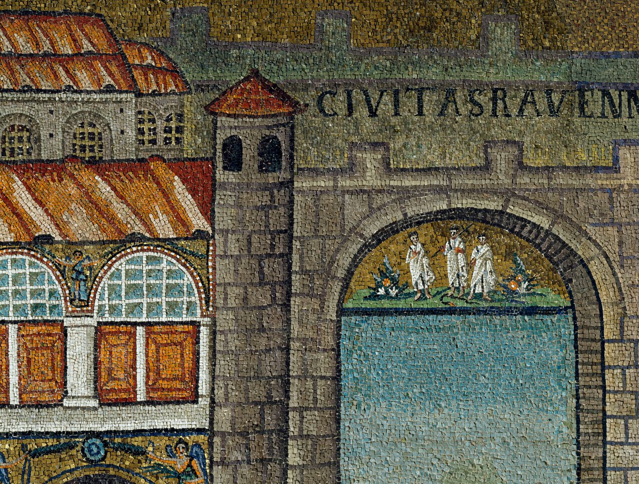 Basilica of Sant'Apollinare Nuovo, Presbytery, Detalj av mosaikk som representerer palass ofodoric, Ravenna, Emilia-Romagna, Italia av Georg Carl Heinrich Dollmann